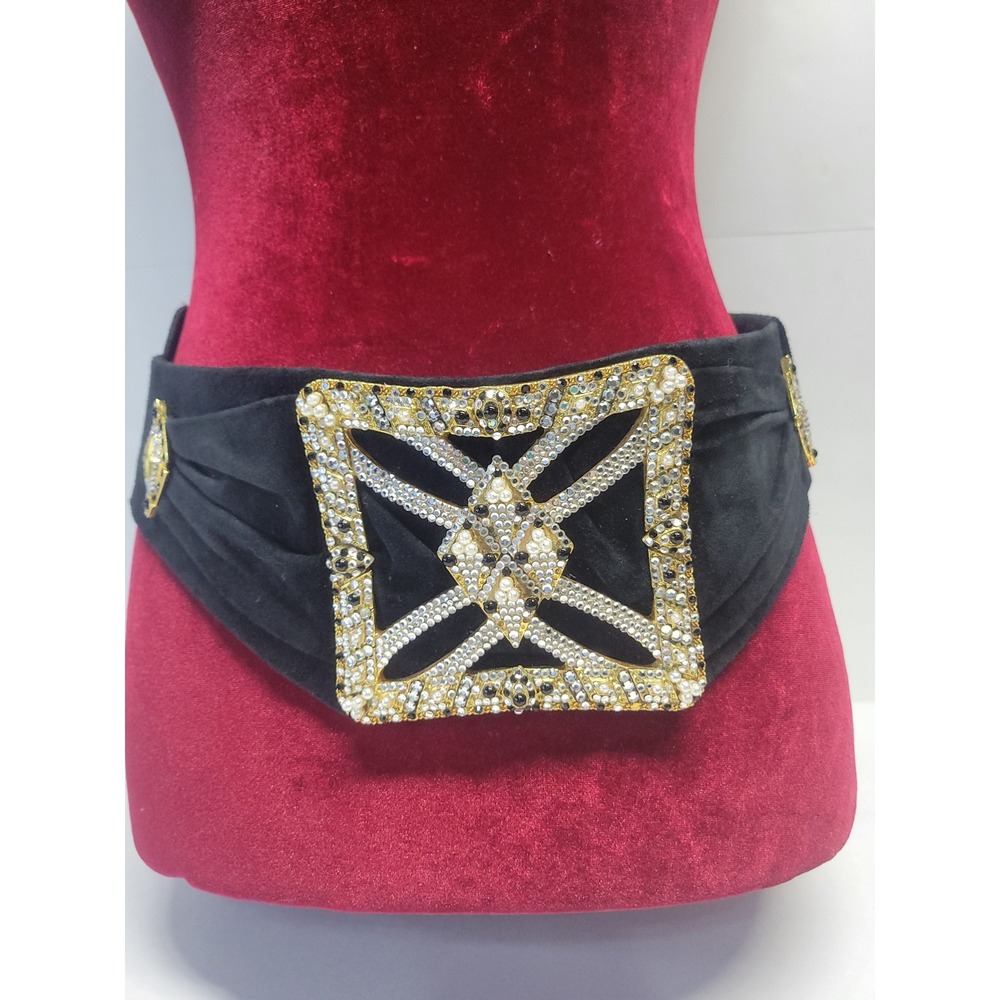 Ermine Beverly Hills Black Suede Wide Waist Belt Crystal Pearl Buckle Austria 80